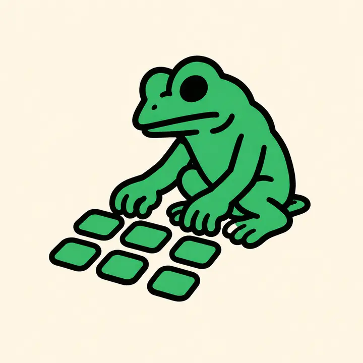 Frog mascot arranging a focused set of app tiles