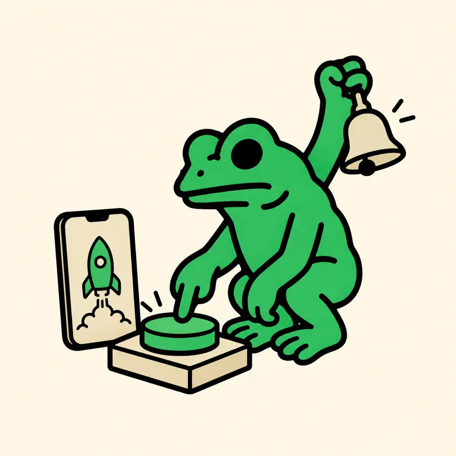 Frog mascot ringing a bell as a new app product launches