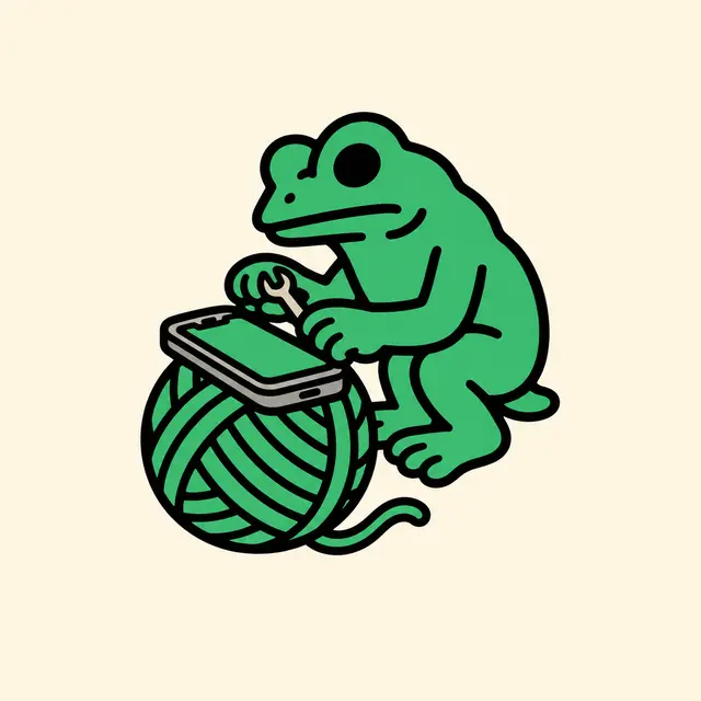 Frog mascot improving an app on a phone