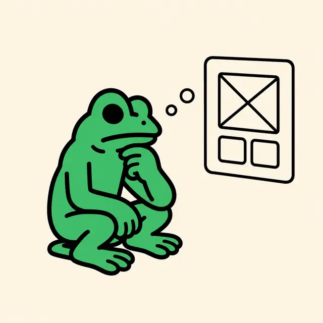 Frog mascot thinking through a wireframe