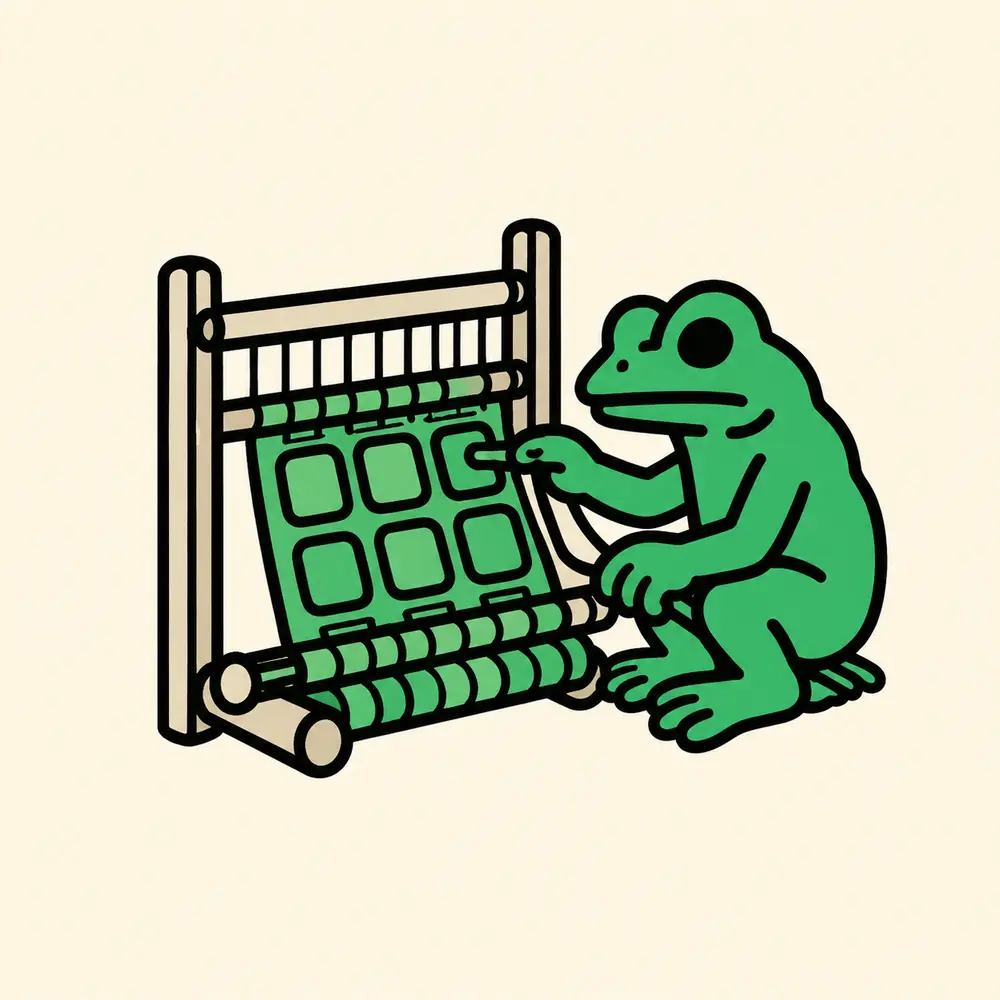 Haptic Loom frog mascot weaving a grid of app tiles on a loom