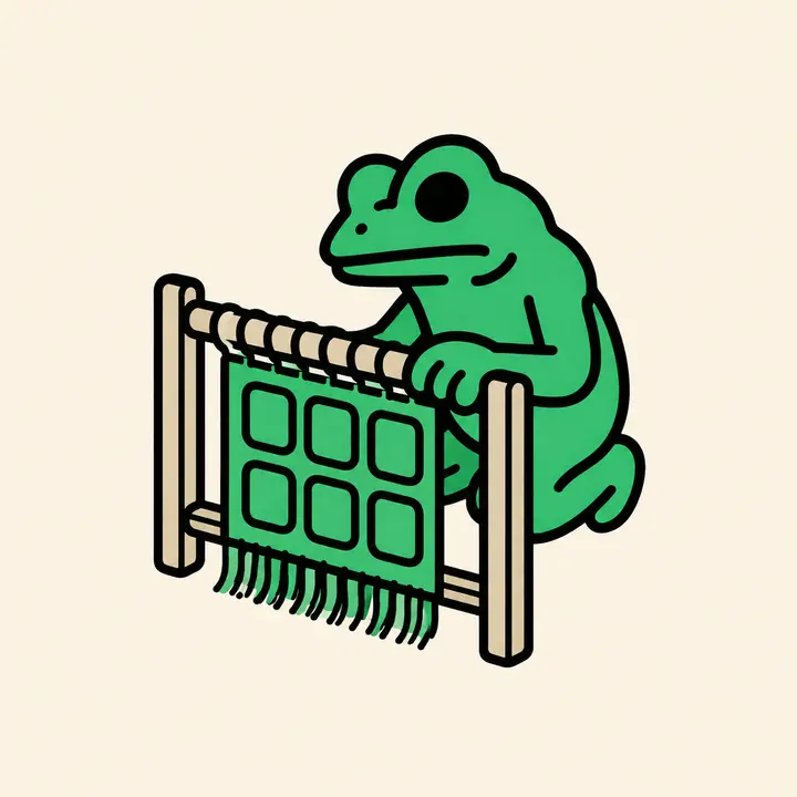 Frog mascot weaving a finished product tapestry
